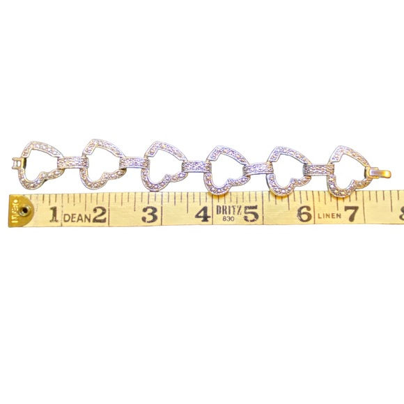 Silver and Marcasite Style Rhinestone Heart Link Bracelet Fold-over Clasp - Picture 7 of 8